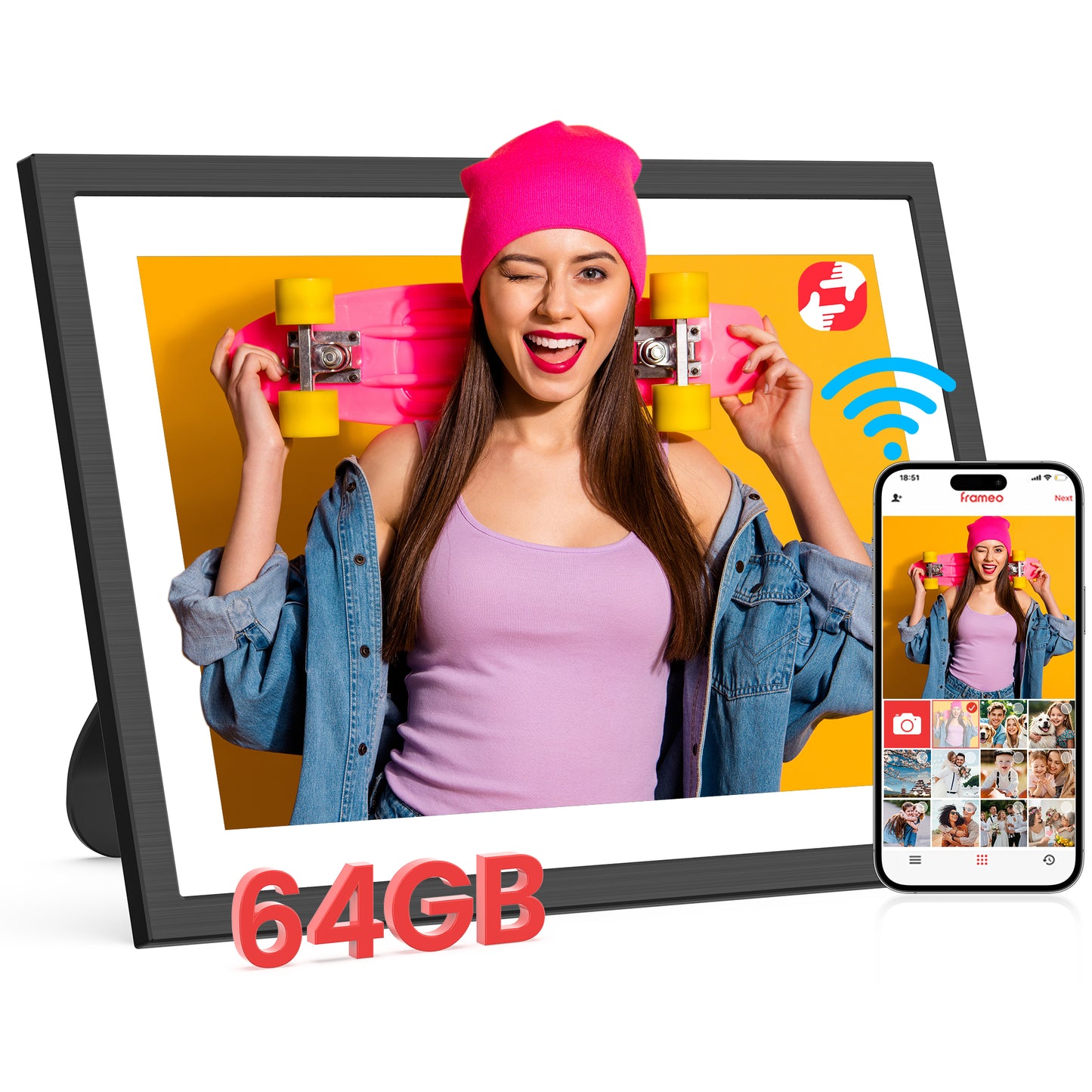 Frameo WiFi Digital Picture Frame, 10.1" Electronic Photo Frame with 1920x1200 FHD IPS Touchscreen, 64 GB Memory, Auto-Rotate, Send Photos and Videos from via Frameo App, Best Gift Choice!