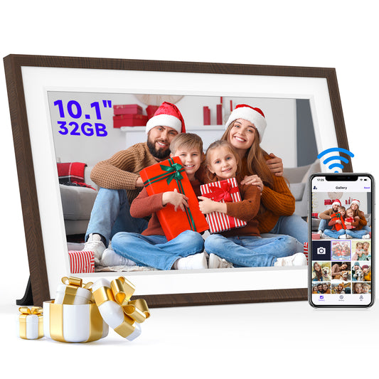 GIROOL Digital Picture Frame WiFi, Electronic Photo Frame with 10.1” IPS smart Touch Screen, Built-in 32GB Memory, Share Anytime, Anywhere via Uhale App, Perfect Gift! Woodgrain and White