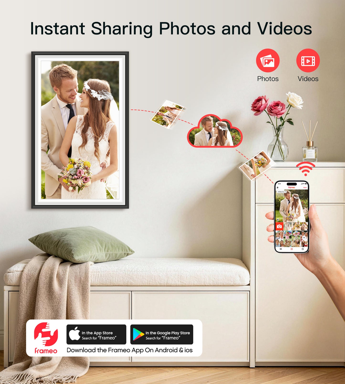 BIGASUO Digital Picture Frame Frameo 15.6" WiFi Electronic Photo Frames Large with 64GB Memory 1920x1080 IPS FHD Touch Screen Share Moments Instantly Anywhere Photo Gifts for Parents and Grandparents