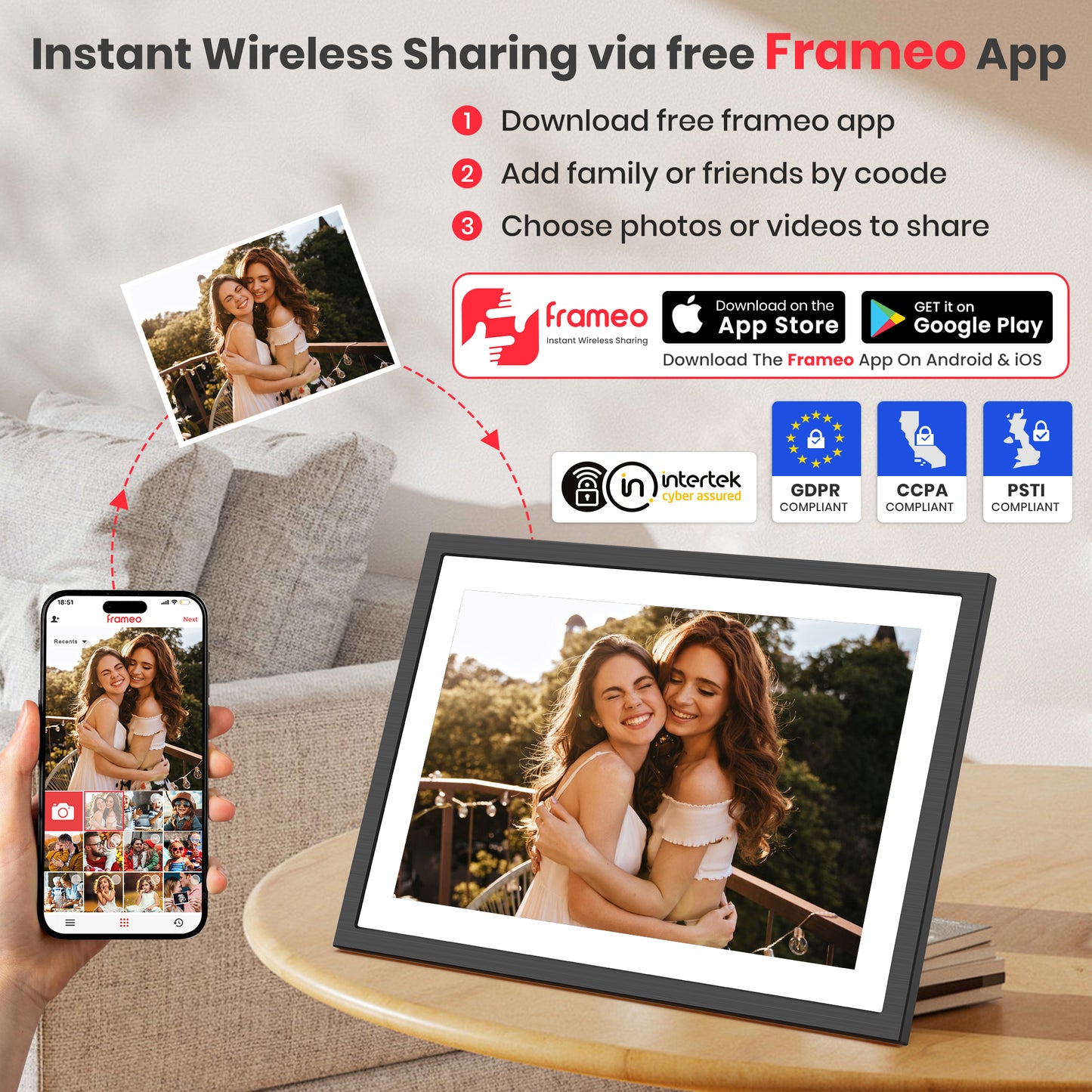 Frameo WiFi Digital Picture Frame, 10.1" Electronic Photo Frame with 1920x1200 FHD IPS Touchscreen, 64 GB Memory, Auto-Rotate, Send Photos and Videos from via Frameo App, Best Gift Choice!