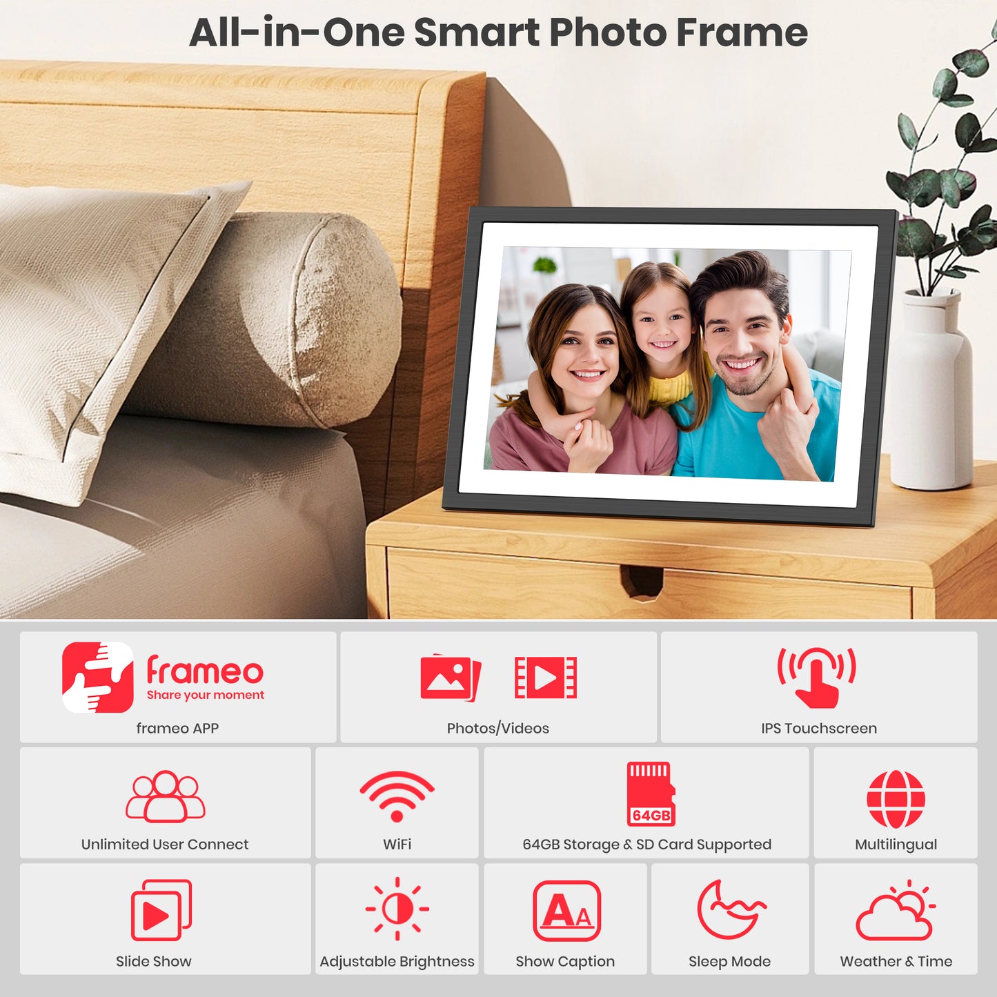 Frameo WiFi Digital Picture Frame, 10.1" Electronic Photo Frame with 1920x1200 FHD IPS Touchscreen, 64 GB Memory, Auto-Rotate, Send Photos and Videos from via Frameo App, Best Gift Choice!