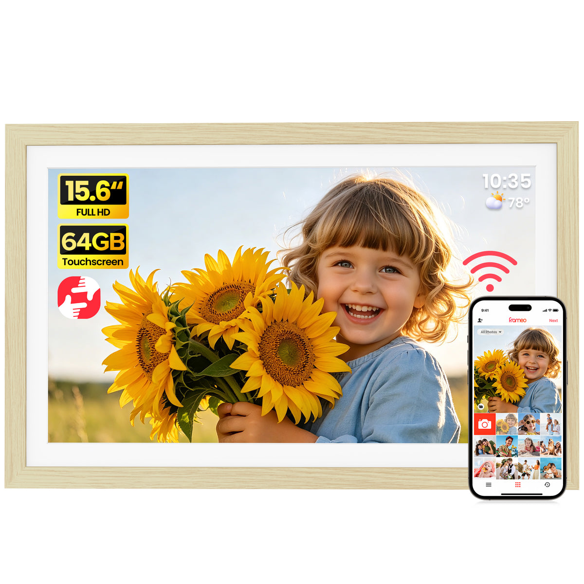 64GB Frameo Digital Picture Frame, TEMASH 15.6 Inch Large Digital Photo Frame WiFi, 1920*1080 FHD IPS Touchscreen Auto Rotate, Easy to Share Photos Videos