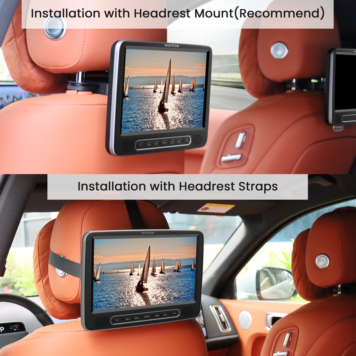 WONNIE 10.5" Dual Screen Portable Headrest DVD Player with Mounting Bracket and Mounting Straps,Car DVD Player Suction-Type Disc in , Full HD 1080P Video,Supports HDMI,USB ,SD,AV Out, Black