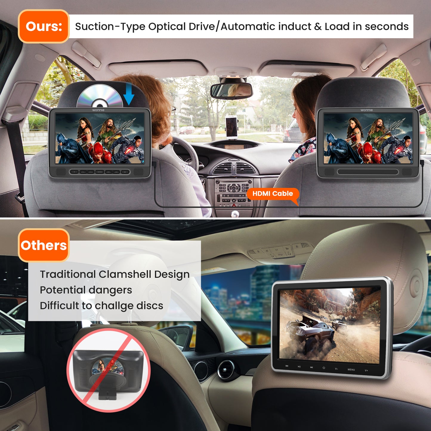 WONNIE 10.5" Dual Screen Portable Headrest DVD Player with Mounting Bracket and Mounting Straps,Car DVD Player Suction-Type Disc in , Full HD 1080P Video,Supports HDMI,USB ,SD,AV Out, Black