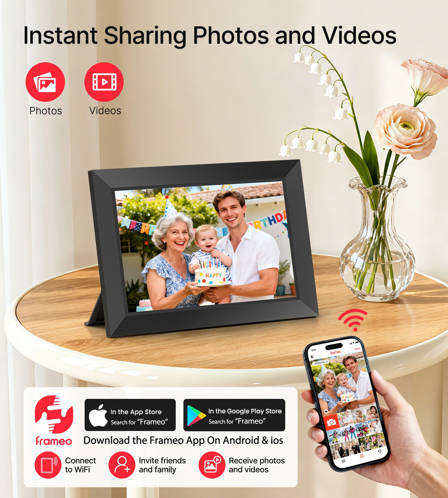 BIGASUO Digital Picture Frame, 10.1" Frameo Digital Frame WiFi with 32GB Memory, 1280x800 IPS Touch Screen, Send Photos/Videos from Your Phone Anywhere, Photo Gifts for Parents and Grandparents