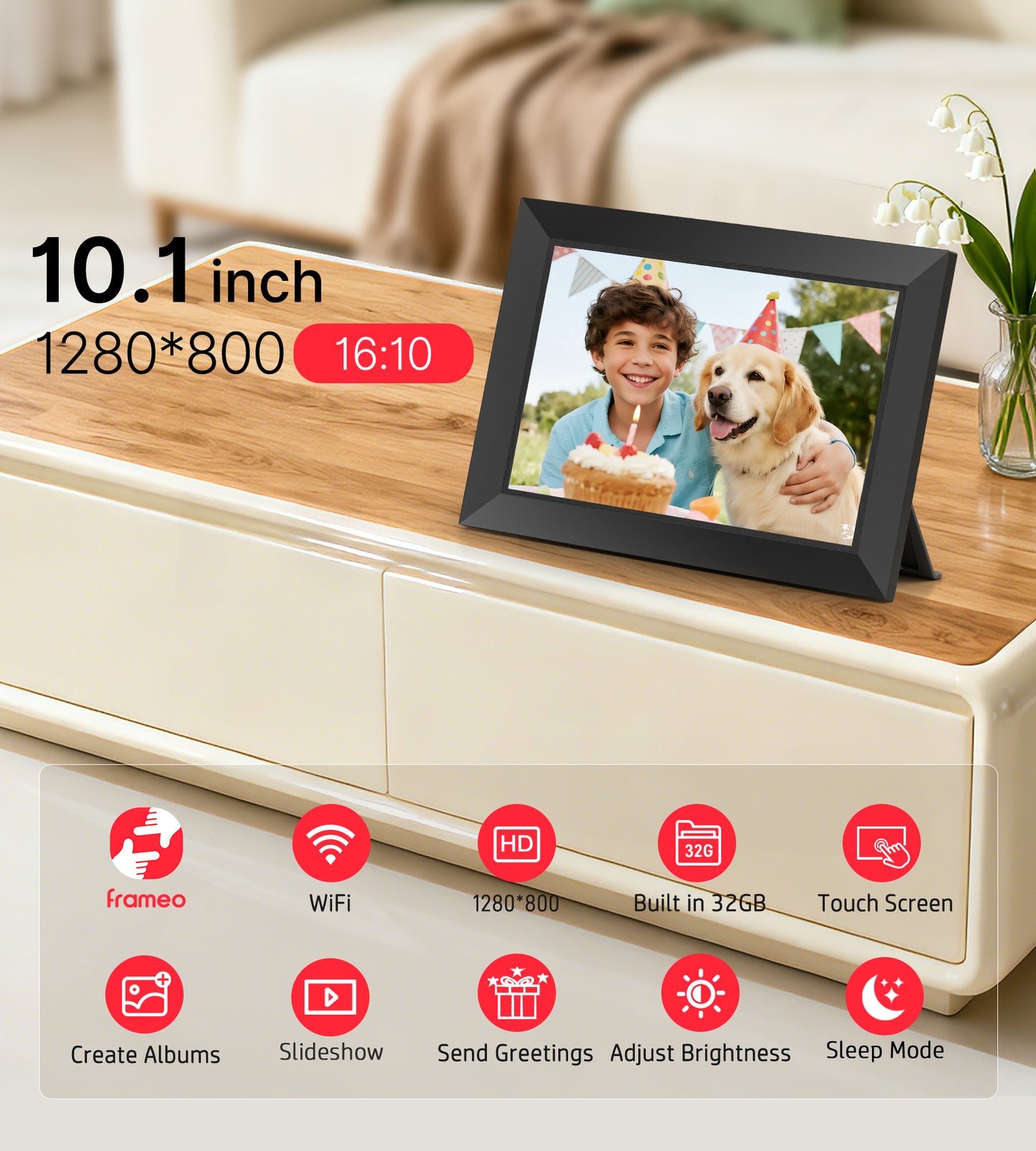 BIGASUO Digital Picture Frame, 10.1" Frameo Digital Frame WiFi with 32GB Memory, 1280x800 IPS Touch Screen, Send Photos/Videos from Your Phone Anywhere, Photo Gifts for Parents and Grandparents