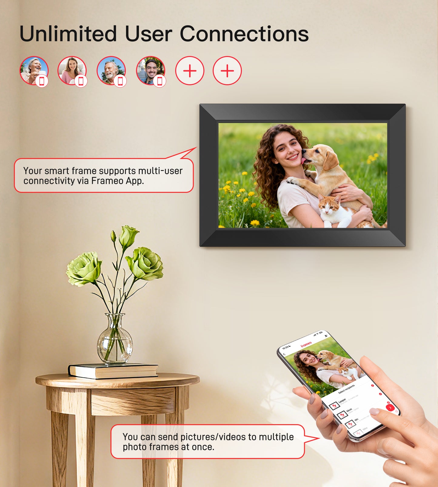 BIGASUO Digital Picture Frame, 10.1" Frameo Digital Frame WiFi with 32GB Memory, 1280x800 IPS Touch Screen, Send Photos/Videos from Your Phone Anywhere, Photo Gifts for Parents and Grandparents
