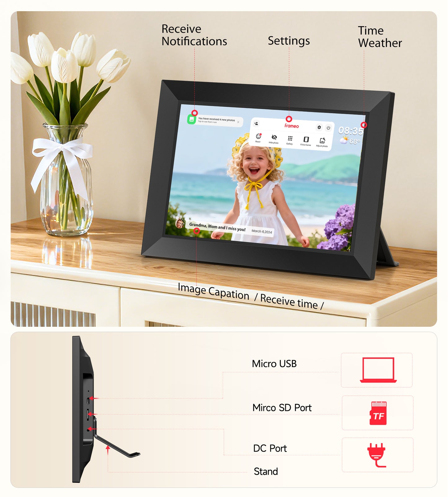 BIGASUO Digital Picture Frame, 10.1" Frameo Digital Frame WiFi with 32GB Memory, 1280x800 IPS Touch Screen, Send Photos/Videos from Your Phone Anywhere, Photo Gifts for Parents and Grandparents 2 Pack