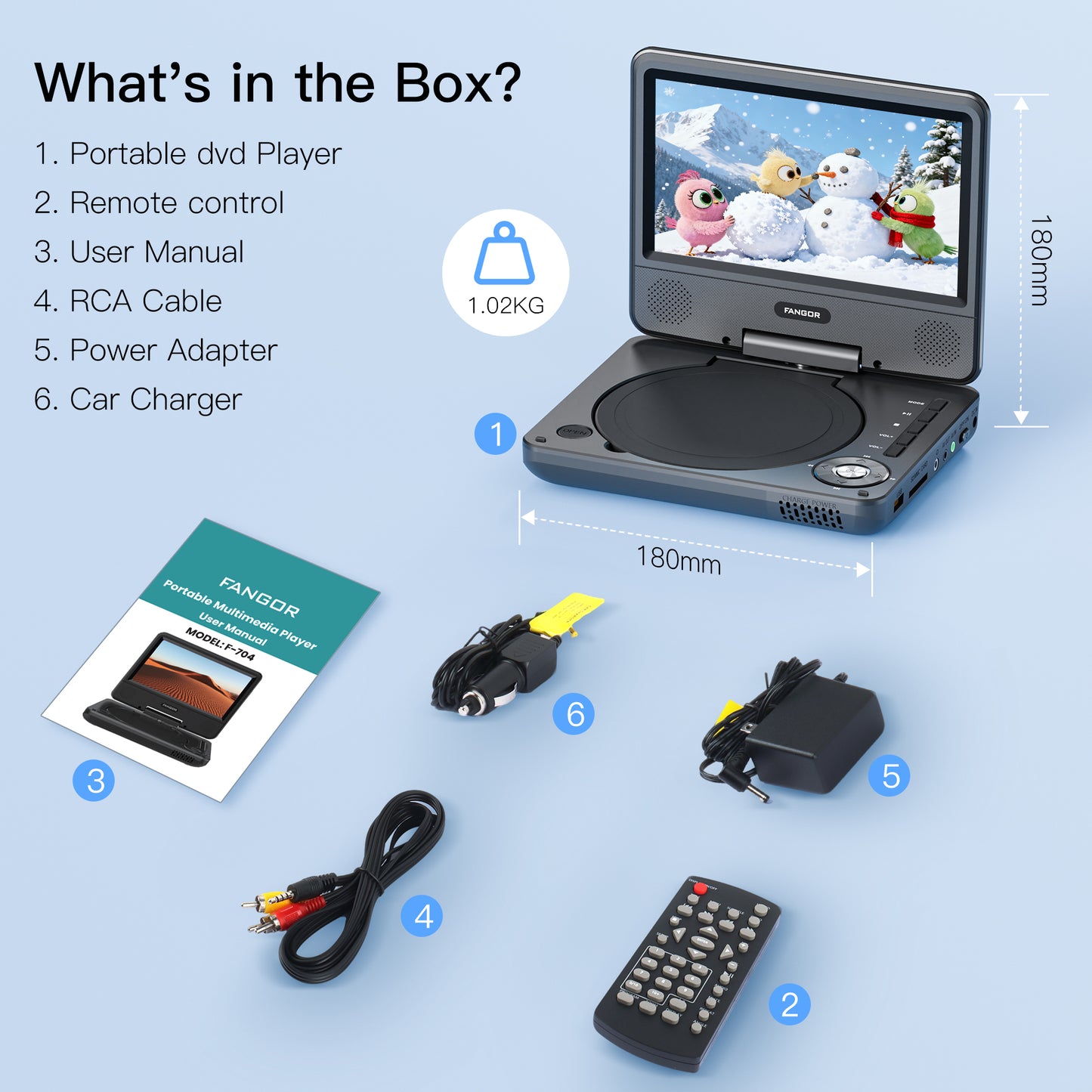 FANGOR 9.5" Portable DVD Player for Car with 7" Swivel Screen, 4 Hours Rechargeable Battery, Dual Speakers, Remote Control, Support CD/USB/SD Card/Sync TV, Perfect Gift for Kids