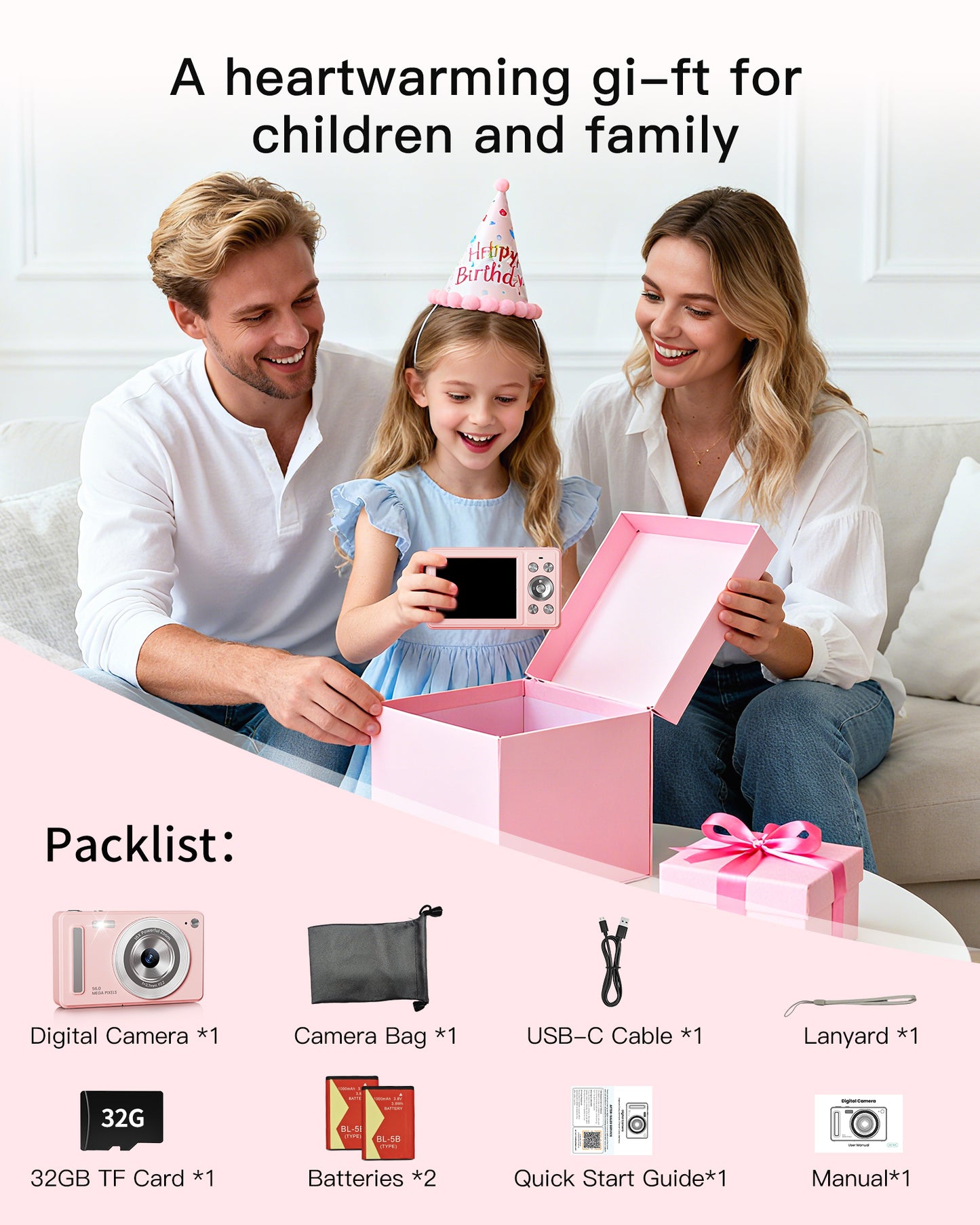 Digital Camera, FHD 1080P Point and Shoot Camera with 32GB SD Card, 2 Batteries, 16X Zoom, Anti Shake, Compact Small Design for Kids Teens Students Girls Boys (Pink)