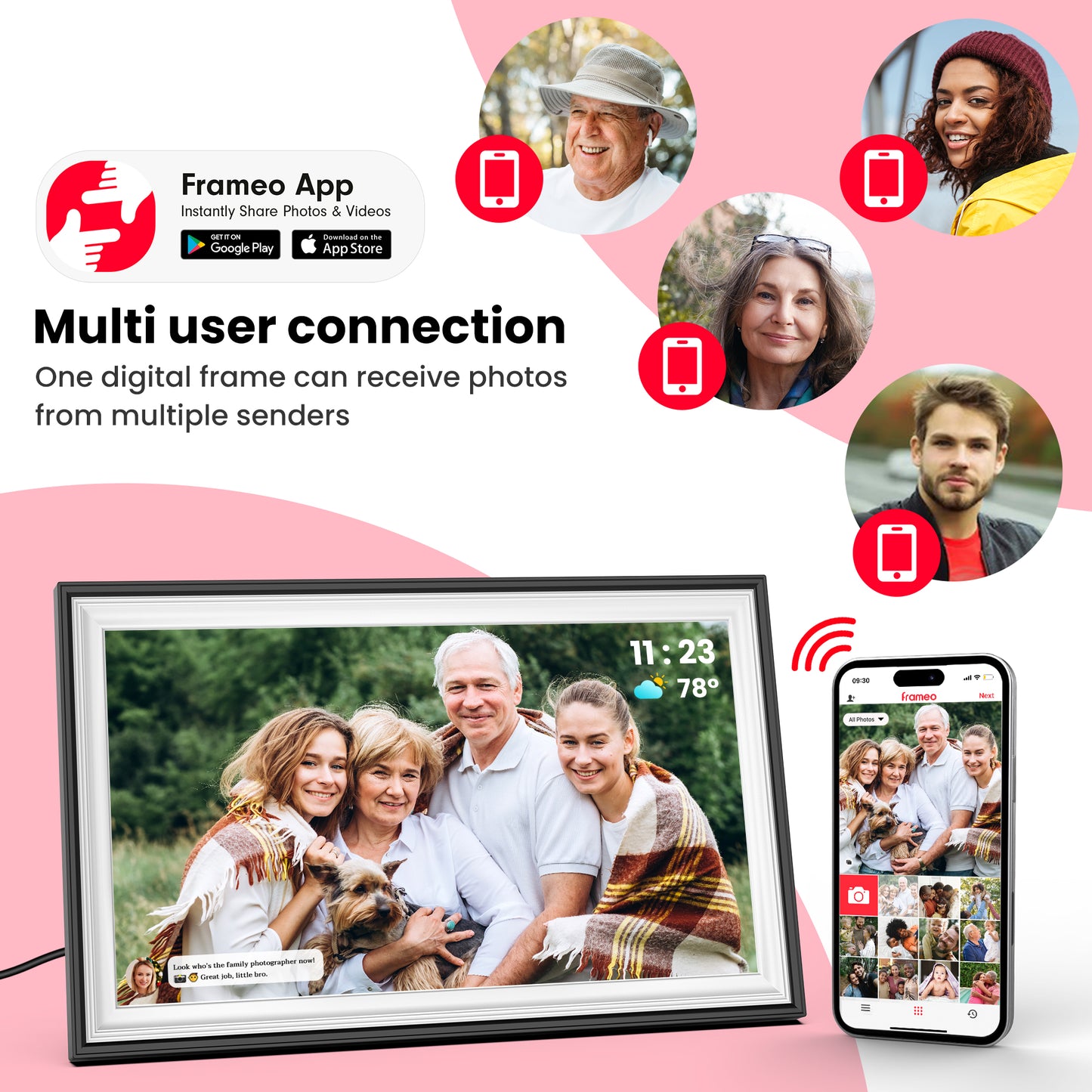 64GB Frameo Digital Picture Frame, TEMASH 15.6 Inch Large Digital Photo Frame WiFi, 1920*1080 FHD IPS Touchscreen Auto Rotate, Easy to Share Photos Videos, Black with White Mat