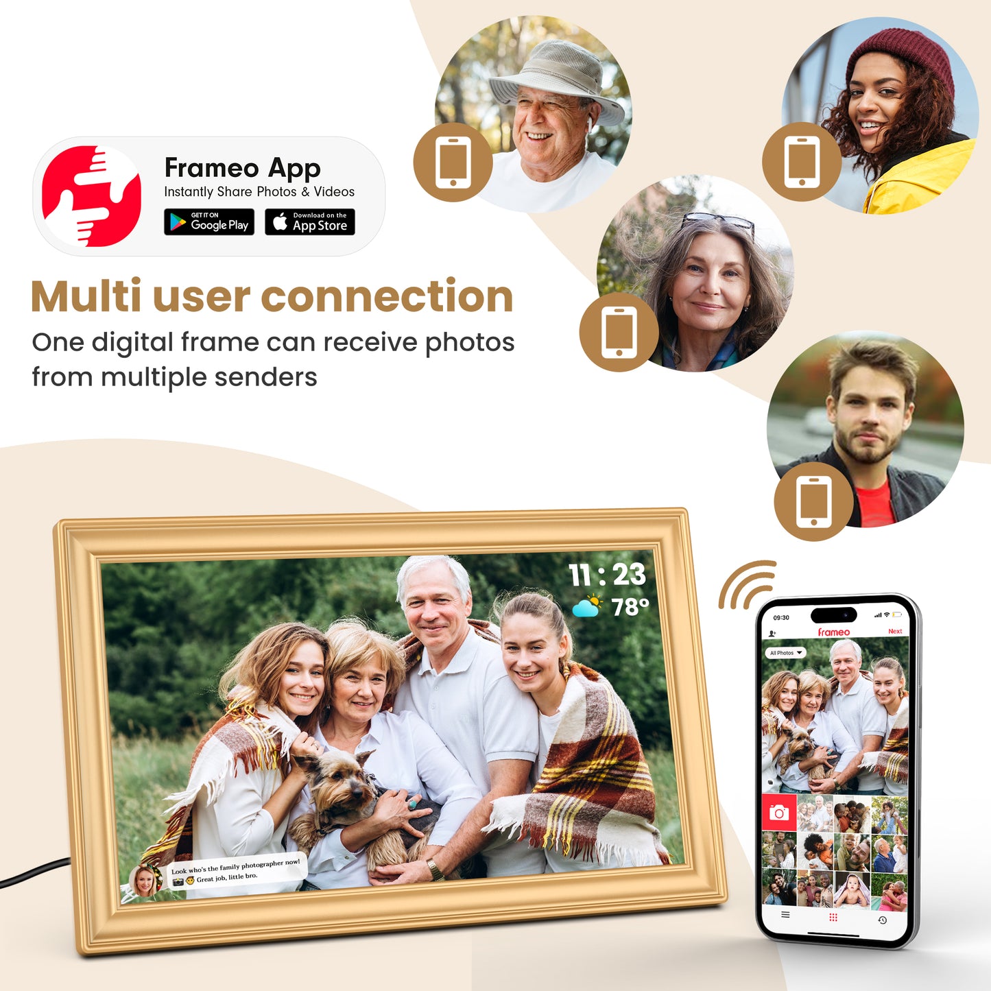 TEMASH Frameo 15.6 Inch WiFi Digital Picture Frame Gold Large Digital Photo Frame 64GB Storage 1920×1080 IPS FHD Touchscreen Auto Rotate Share Video Picture Instantly via App Gifts for Family