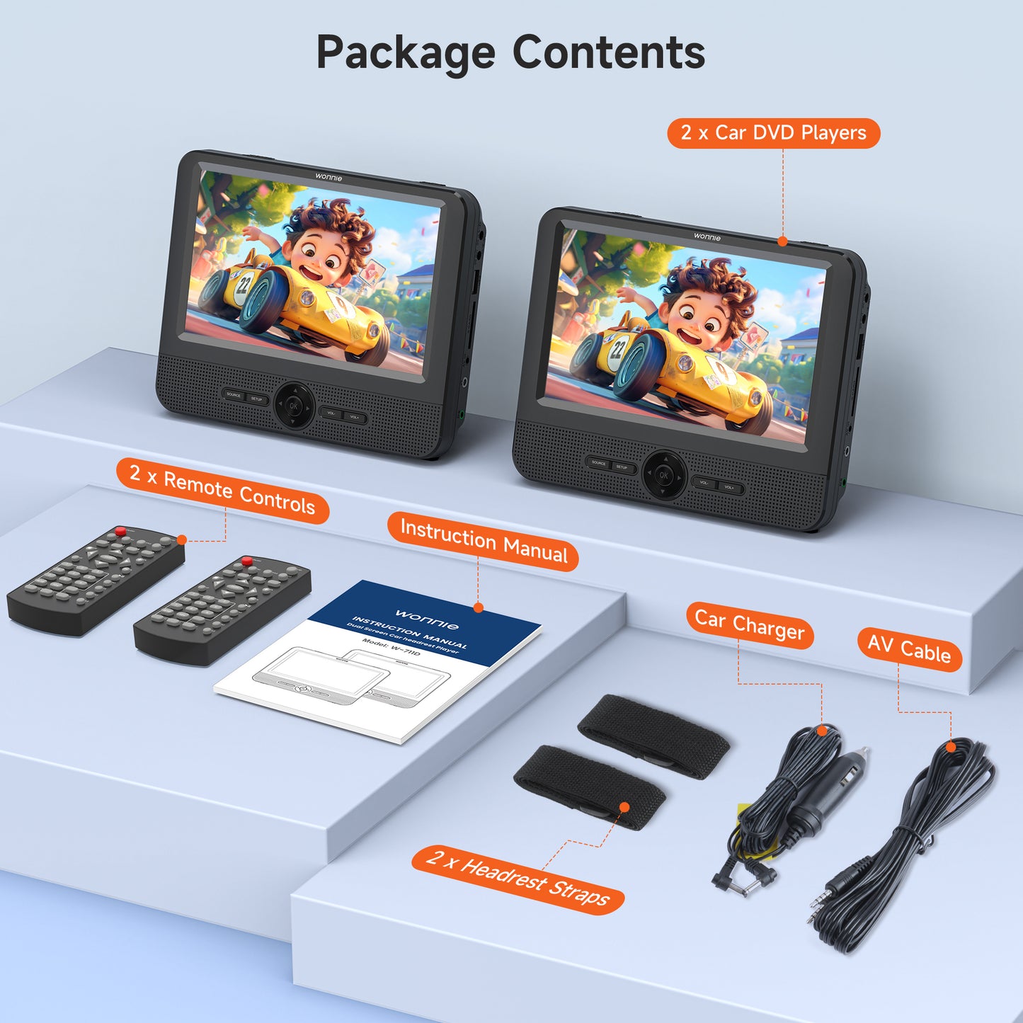 WONNIE 7.5” Dual DVD Player for Car, Portable Dual Screen DVD Player for Kids with Strap, AV In/Out, Support Play Same or Two different Videos/USB/SD, Best Kids Gift (Without Built-in Battery)