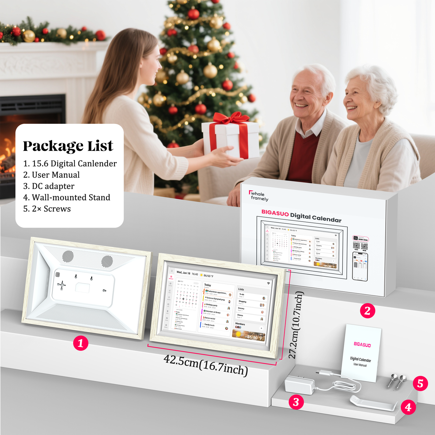 BIGASUO 15.6 inch Digital Calendar Wall Planner & Chore Chart, 1080P Interactive Display Touch Screen Smart Family Schedules, Meal Planner, To Do List, Task & Rewards, Wall & Desk Mountable