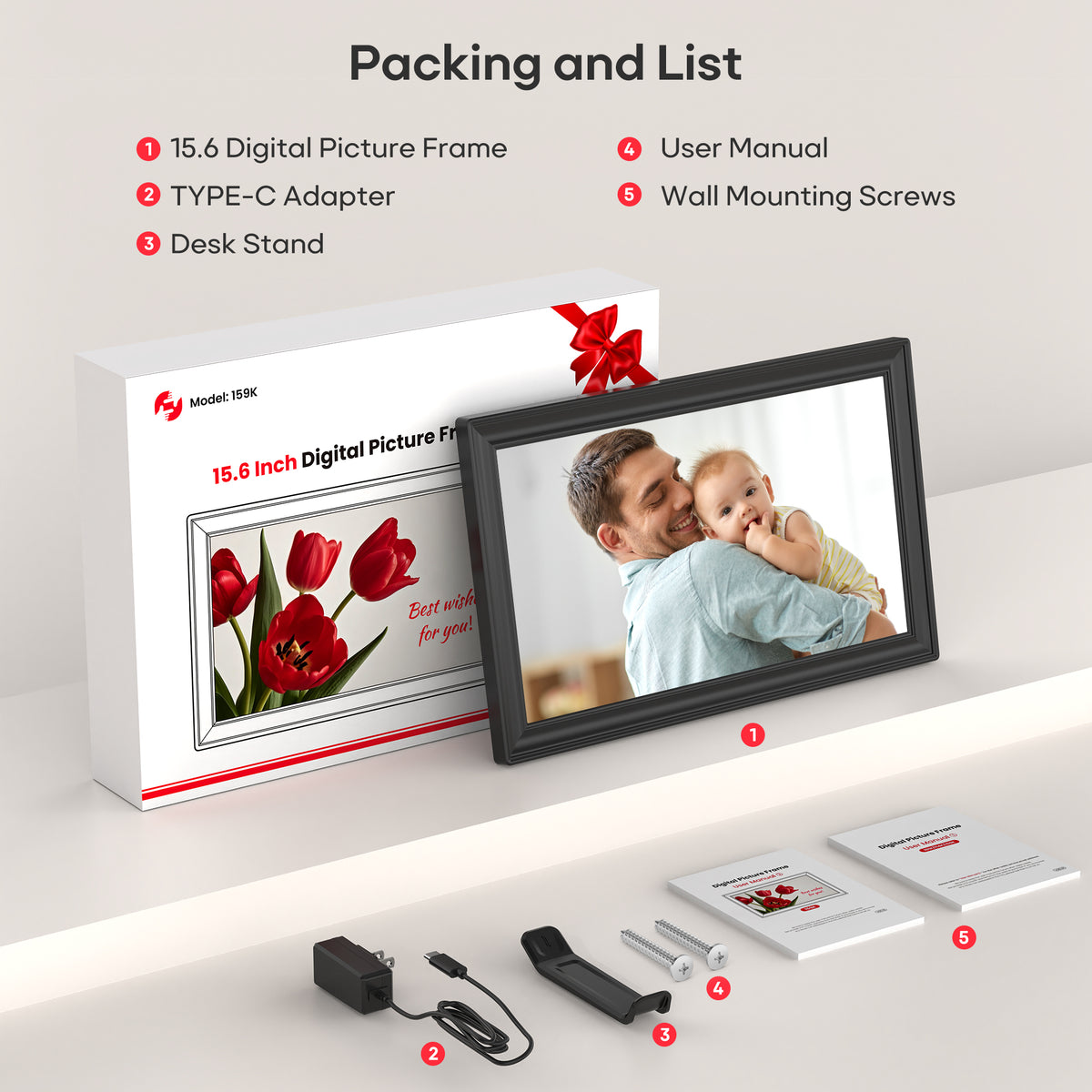 Frameo 15.6” 64GB Digital Picture Frame NUSICAN WiFi Photo Video Frames 1920 x 1080 FHD Touch Screen, Auto Rotate, Wall Mounted, Share from Phone App Easily, Best Gifts for Parents & Friends