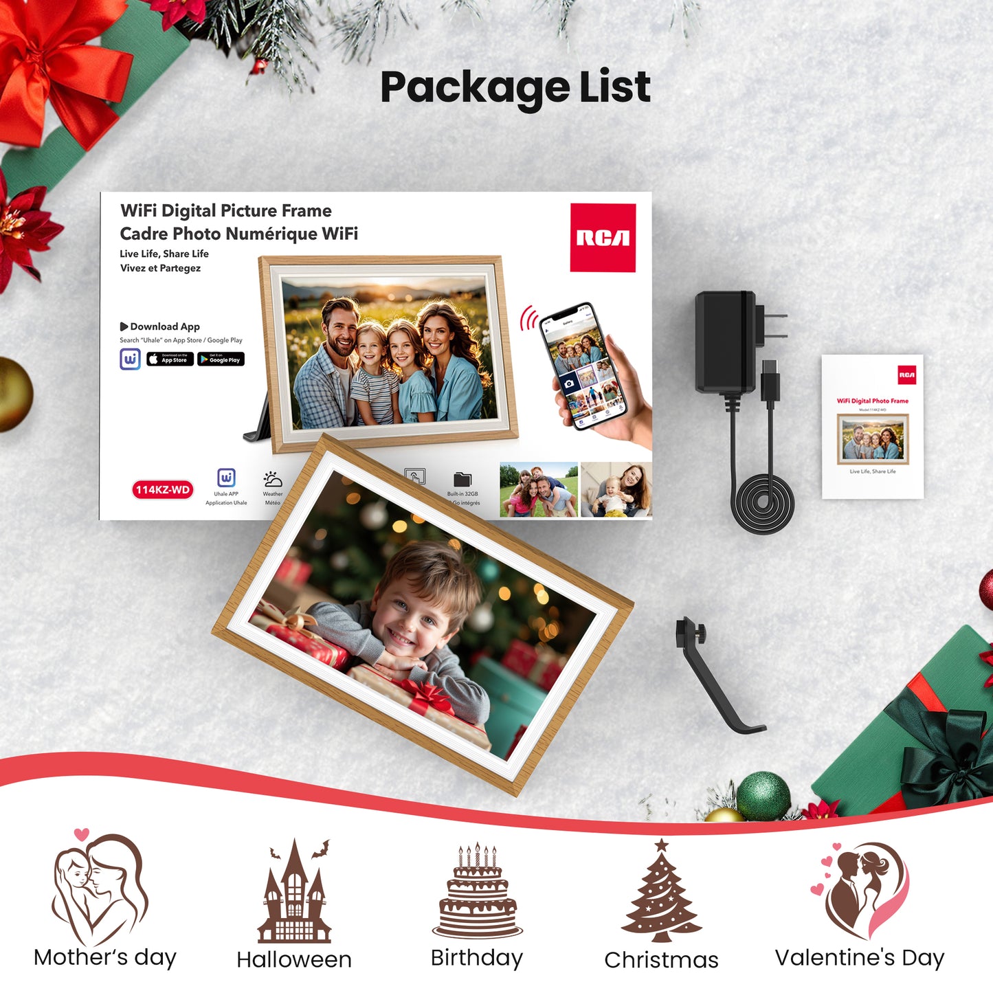 RCA Digital Photo Frame 10.1 inch WiFi Uhale Picture Frames for Photos & Videos with 32GB Memory, 1080P HD IPS Touch Screen, Support Auto Rotate, Wall Mounted, Instant Share Anytime