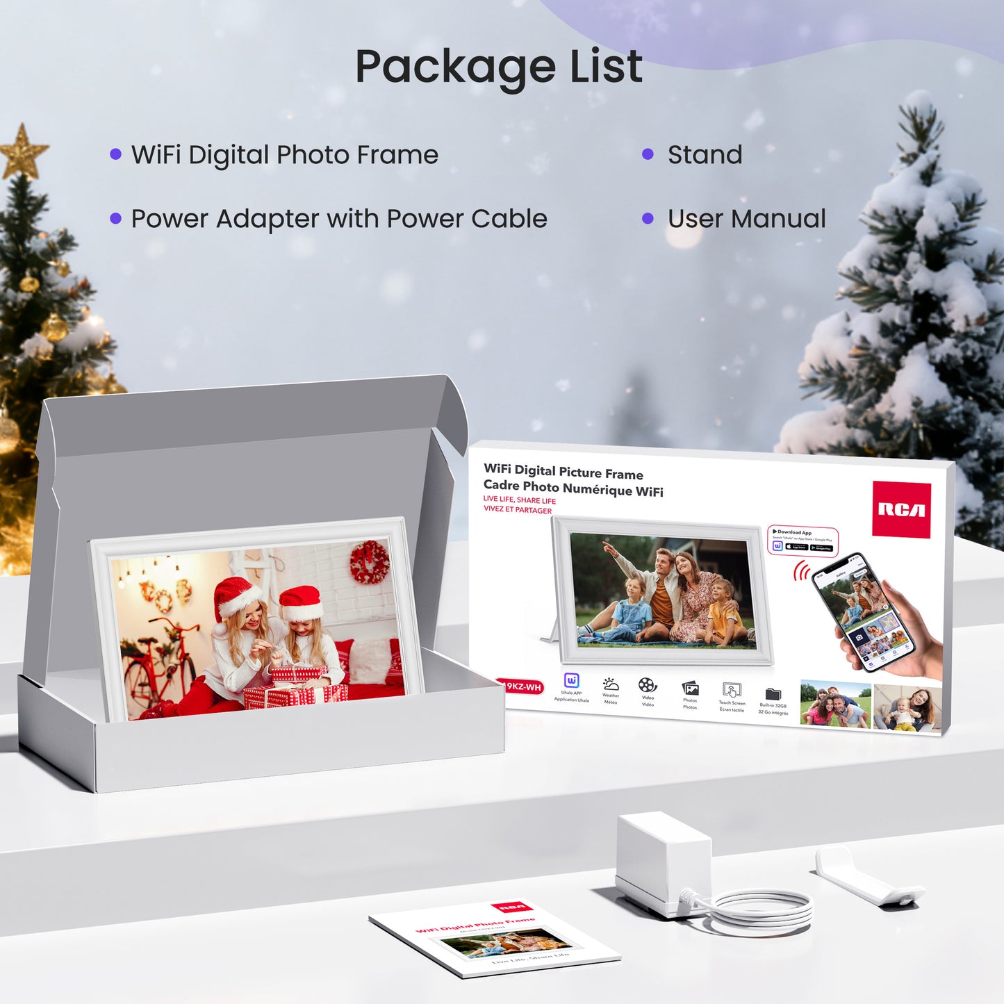 RCA Digital Photo Frame 10.1 Inch WiFi Digital Frames with 32GB Memory, 1080P IPS Touch Screen Picture Frames Auto-Rotate, Wall Mountable, Share Photos/Video Via Phone Uhale App Remotely (White)