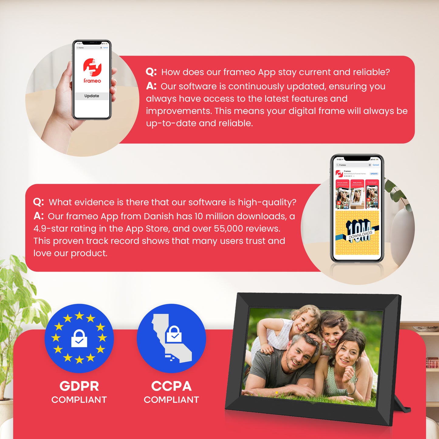 RICILAR Frameo 10.1 inch WiFi Digital Picture Frame, Electronic Picture Frame with IPS Touch Screen, 32GB Storage, Auto-Rotate, Wall Mountable, Ideal Gift Selection!
