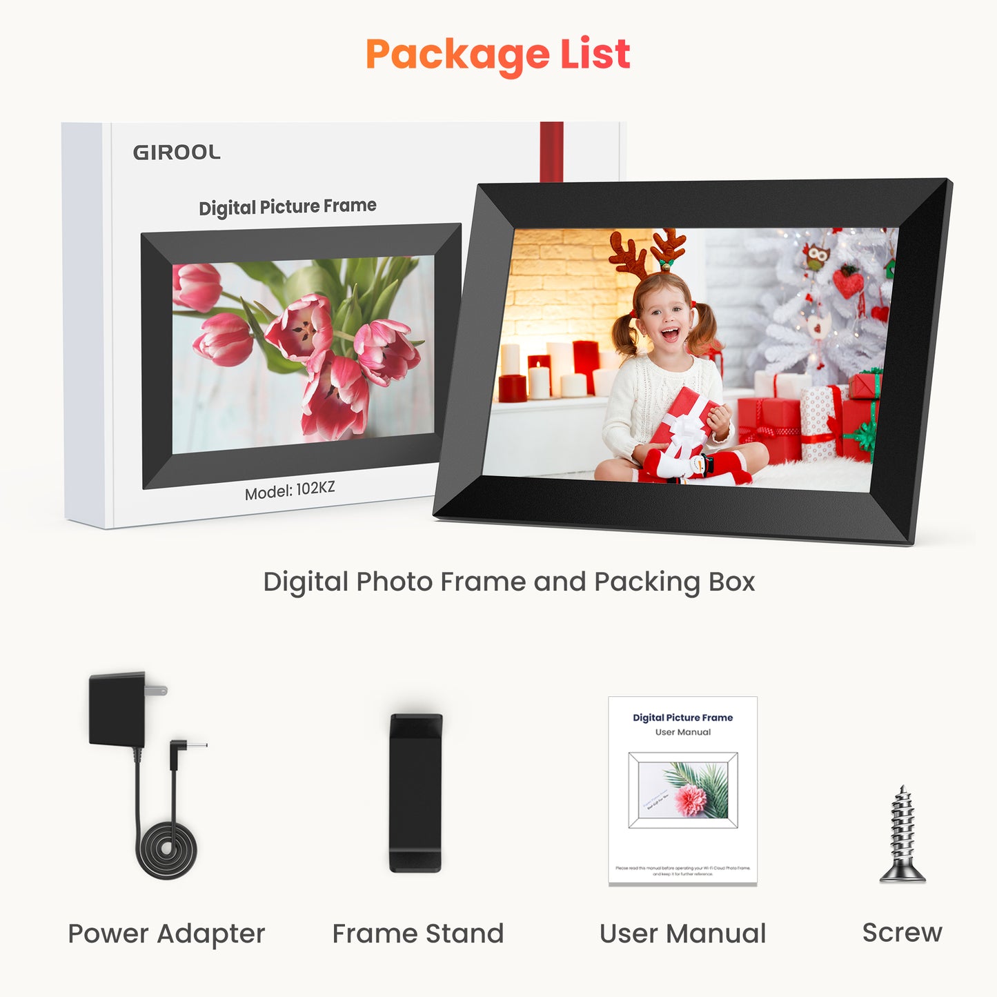 GIROOL WiFi Digital Picture Frame, 10.1"Electric Smart Touch Screen Photo Frame, 32GB Storage IPS Cloud Frame, Auto-Rotate or Wall Mount, Send Photos and Videos via free App, Best Gift Choice