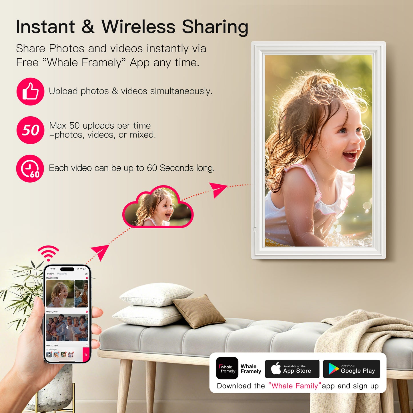 64GB 15.6 Inch Large WiFi Digital Picture Frame, Nusican Electronic Photo Video Frames with 1920X1080P FHD Touch Screen, Auto Rotate, Wall Mounted, Share instantly Via Phone App, Idea Chris Gift