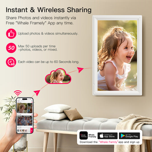64GB 15.6 Inch Large WiFi Digital Picture Frame, Nusican Electronic Photo Video Frames with 1920X1080P FHD Touch Screen, Auto Rotate, Wall Mounted, Share instantly Via Phone App, Idea Chris Gift