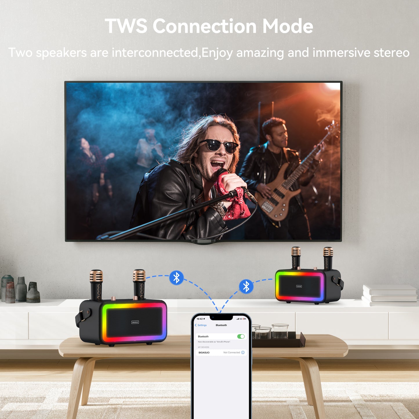 BIGASUO Bluetooth Karaoke Machine with 2 UHF Microphone, Portable Karaoke Speaker with Reverb Adjustment and Party LED Lights,PA System Speaker Supports TF Card/AUX in/USB for Party/Wedding,Out/Indoor