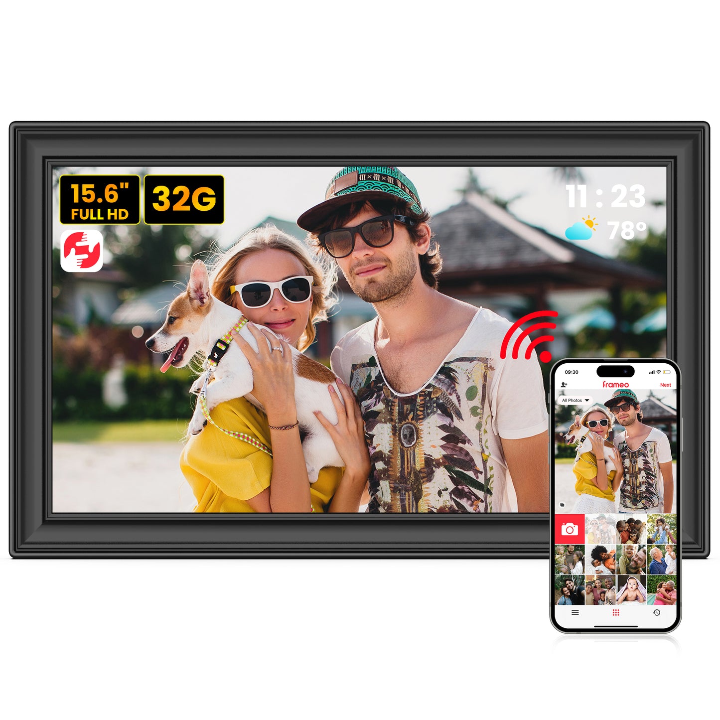 Frameo Digital Picture Frame, TEMASH 15.6 Inch Large Digital Photo Frame WiFi with 32GB Storage, 1920*1080 FHD IPS Touchscreen Auto Rotate, Easy to Share Photos Videos, Black