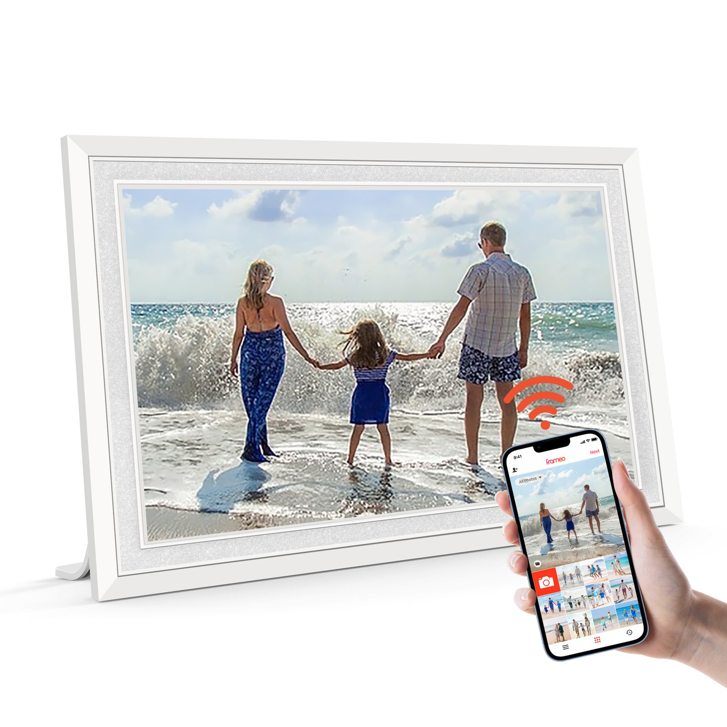 Frameo 10.1" Digital Picture Frame with 32GB Memory White WiFi Electronic Photo Frame 1280 x 800 IPS HD Touch Screen Auto-Rotate Slideshow Wall Mountable Share Photos/Video Remotely Anywhere