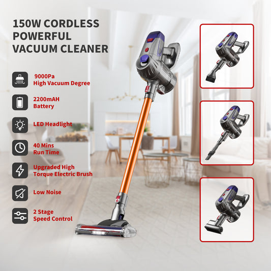 Cordless Vacuum Cleaner, Lightweight Stick Vacuum Cleaner with Powerful Suction, Removable Battery LED Probe Light, 4 in 1 Handheld Vacuum Cleaner for Domestic Hard Floors Carpets Cars and Pet Hair