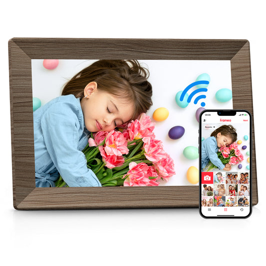 Frameo 10.1" Digital Picture Frame with 32GB Memory Wood WiFi Electronic Photo Frame 1280 x 800 IPS Touch Screen Auto-Rotate Slideshow Wall Mountable Share Photos/Video Remotely Anywhere