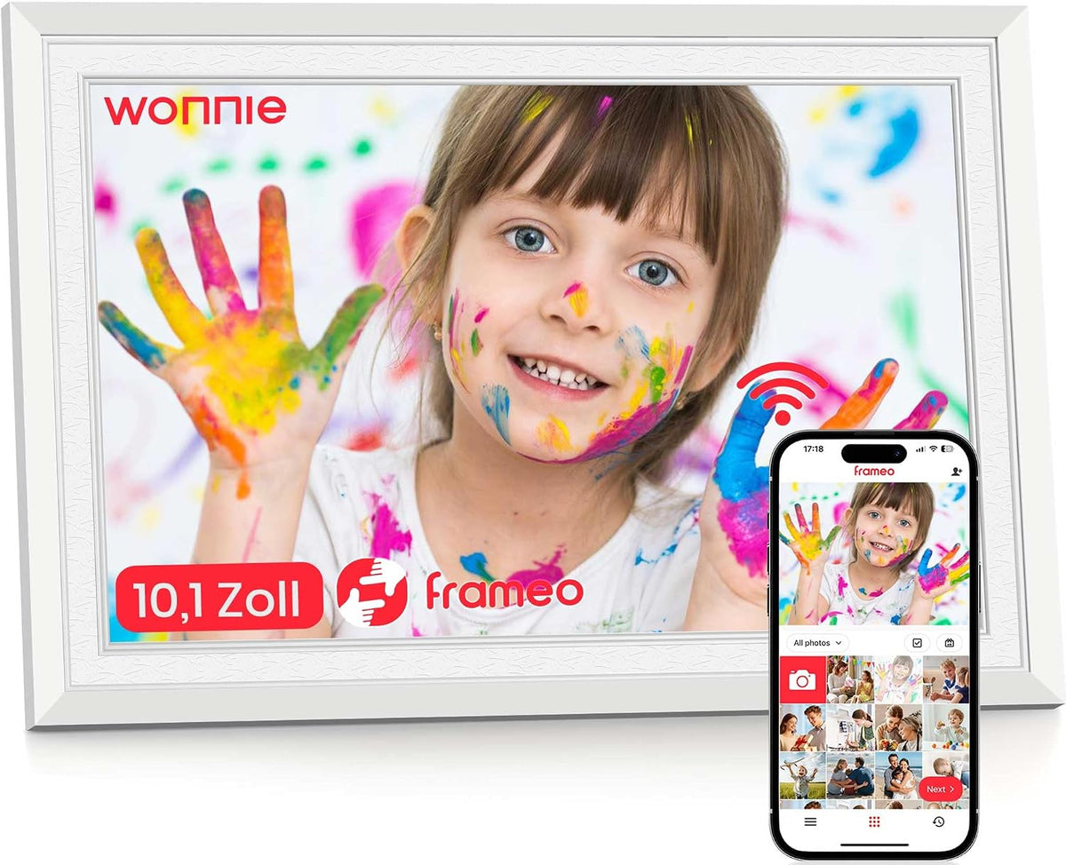 Frameo WLAN Digitaler Bilderrahmen 10,1 Zoll, HD 1280 * 800 IPS Touchscreen Elektronischer FotoRahmen mit 32GB Speicher, Auto Drehung, Einfache Weitergabe von Fotos Videos über Frameo App