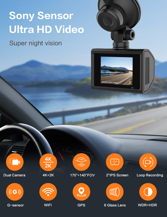Ricilar Front 4K Rear 2K Full Hd Car Dash Camera with Built in Wifi, Gps, Ultra Hd 2" Ips Screen, 170° and 140° Wide Angle Camera, Wdr, Night Vision, Gravity Sensor, 24 Hour Parking Mode