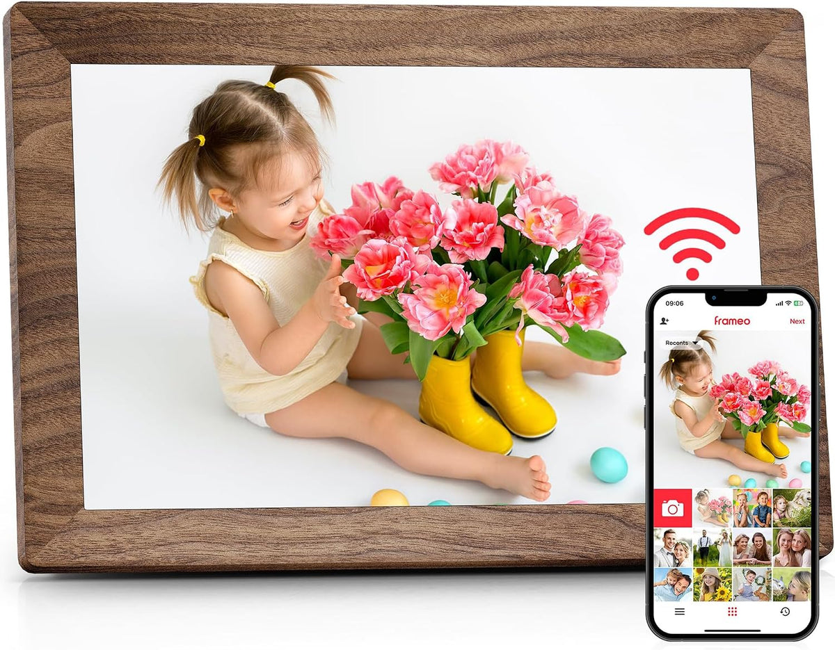 Frameo WLAN Digitaler Bilderrahmen 10,1 Zoll, HD 1280 * 800 IPS Touchscreen Elektronischer FotoRahmen mit 32GB Speicher, Auto Drehung, Einfache Weitergabe von Fotos Videos über Frameo App