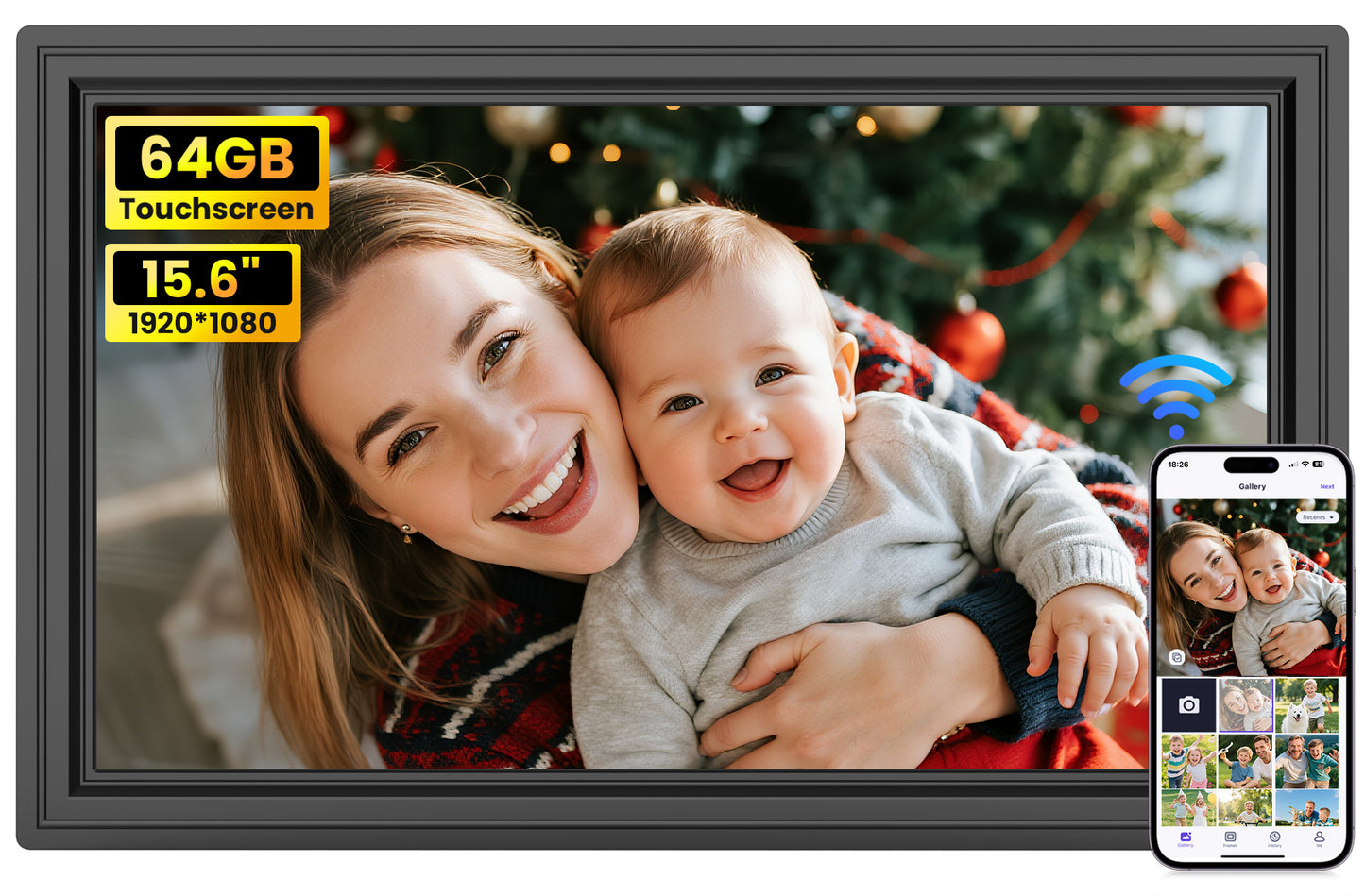64GB Uhale 15.6" Digital Picture Frame, Large WiFi Electronic Photo Frames 1920 x 1080 IPS FHD Touch Screen, Share Photos and Videos Anywhere, Support SD/USB, Best Gifts for Parents and Grandparents