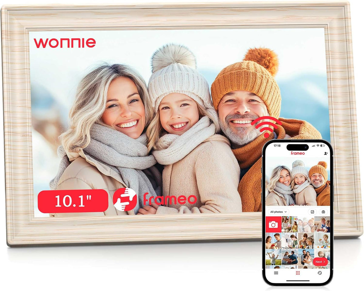 Frameo WLAN Digitaler Bilderrahmen 10,1 Zoll, HD 1280 * 800 IPS Touchscreen Elektronischer FotoRahmen mit 32GB Speicher, Auto Drehung, Einfache Weitergabe von Fotos Videos über Frameo App