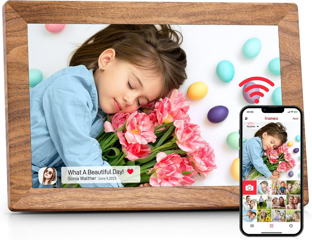 Frameo WLAN Digitaler Bilderrahmen 10,1 Zoll, HD 1280 * 800 IPS Touchscreen Elektronischer FotoRahmen mit 32GB Speicher, Auto Drehung, Einfache Weitergabe von Fotos Videos über Frameo App