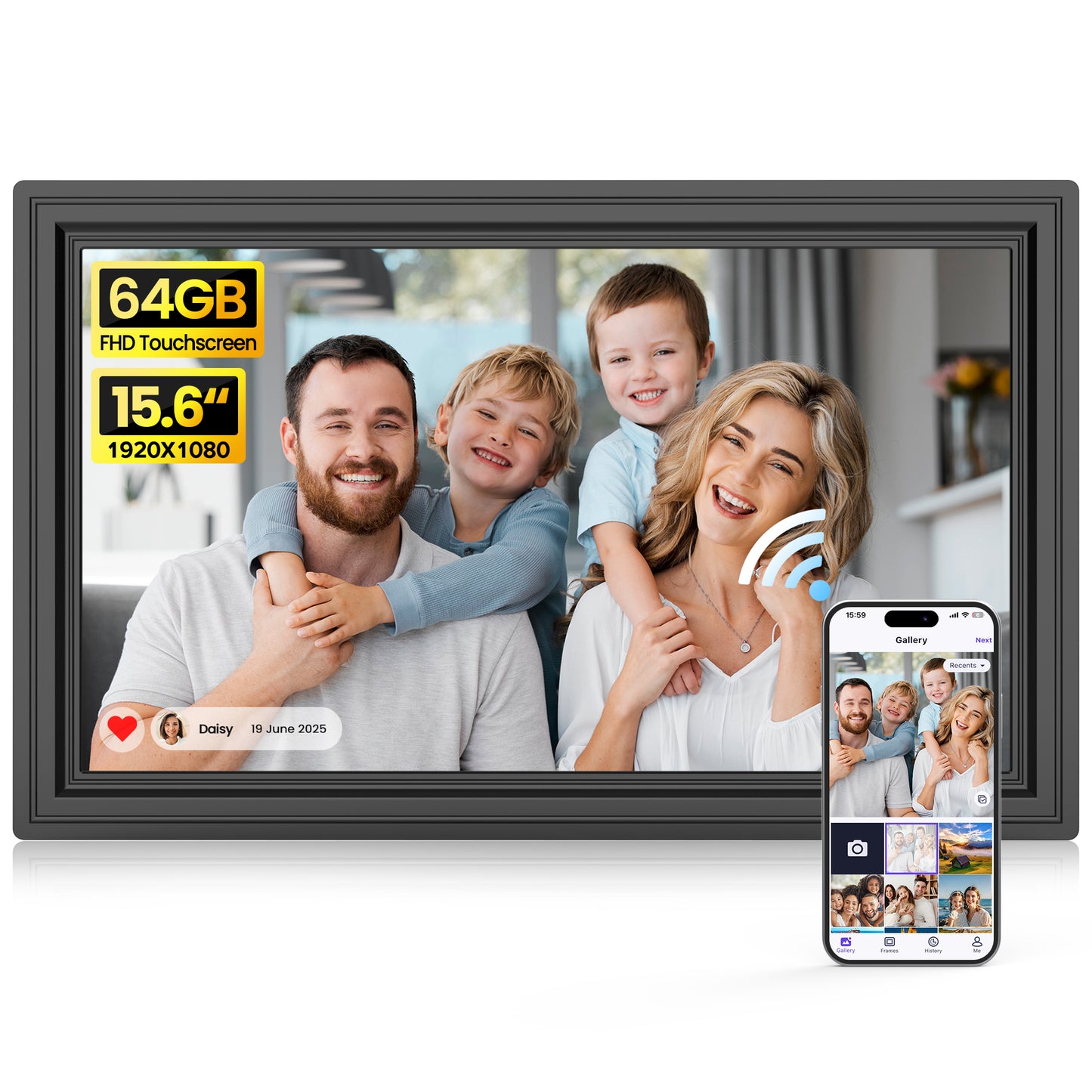 "64GB Digital Picture Frame WiF, NUSICAN 15.6 Inch Large Electronic Photo Frames, 1920*1080 IPS FHD Touch Screen, Auto-rotate, Share Picture Video from Anywhere, Best Gift for Every Ones "