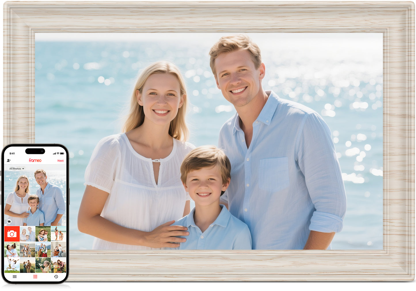 Frameo 10.1" WiFi Digital Picture Frame with 32GB Memory, 1280 x 800 IPS HD Touch Screen Electronic Photo Frame, Auto-Rotate, Slideshow, Share Photos/Video Remotely Anywhere White Wood Grain