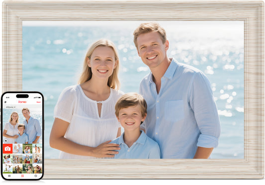 Frameo 10.1" WiFi Digital Picture Frame with 32GB Memory, 1280 x 800 IPS HD Touch Screen Electronic Photo Frame, Auto-Rotate, Slideshow, Share Photos/Video Remotely Anywhere White Wood Grain