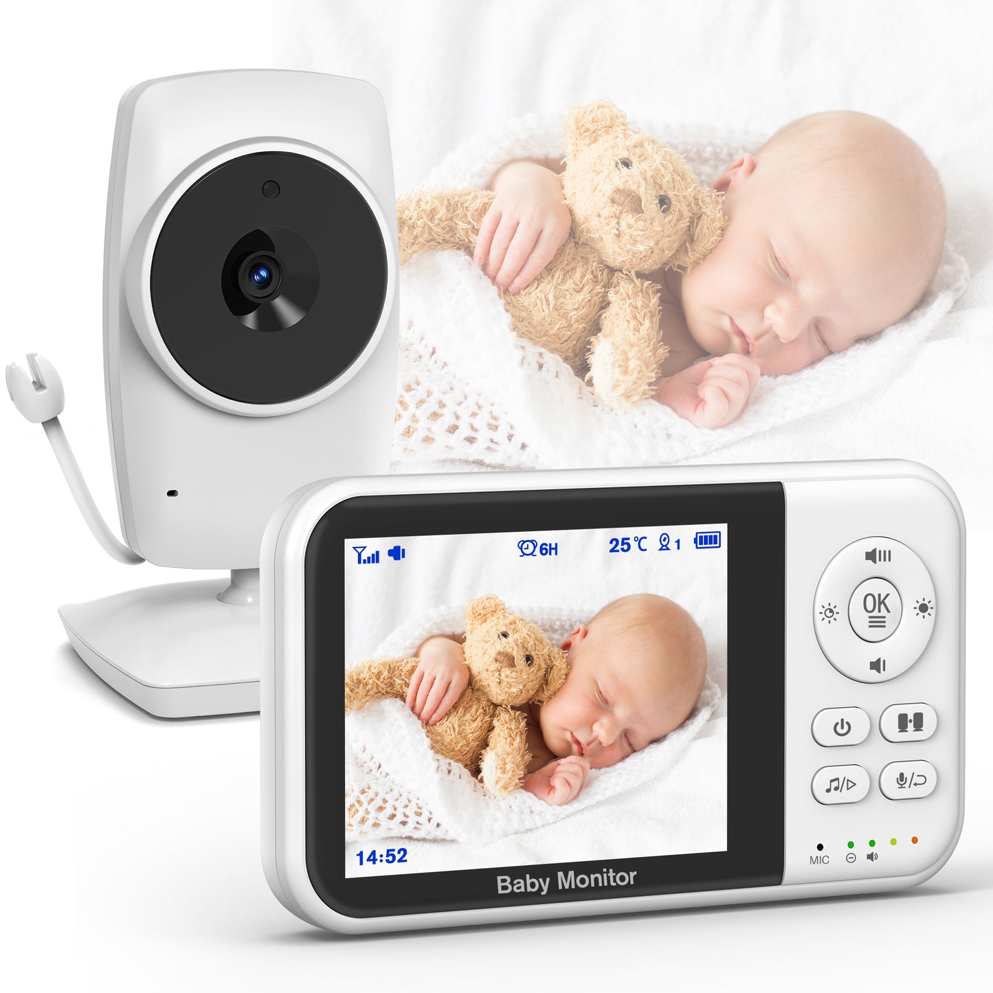 Baby Monitor with Camera and Audio, Video Baby Surveillance System with 3.2” HD Screen, Night Vision, 2 Way Talk, Temperature Sensor, Portable Indoor Home Security Camera with Monitor