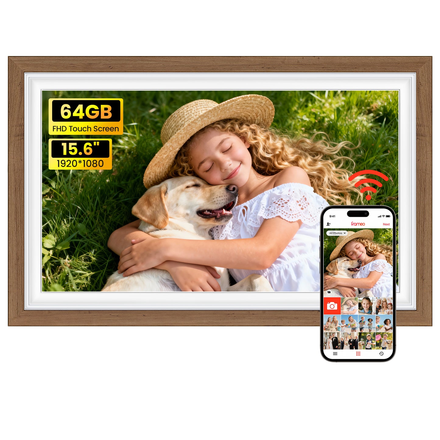 64GB Frameo 15.6" Digital Picture Frame Large 1920 x 1080 IPS FHD Touch Screen WiFi Electronic Photo Frames Share Moments Instantly Anywhere Best Gifts for Parents and Grandparents Solid Walnut