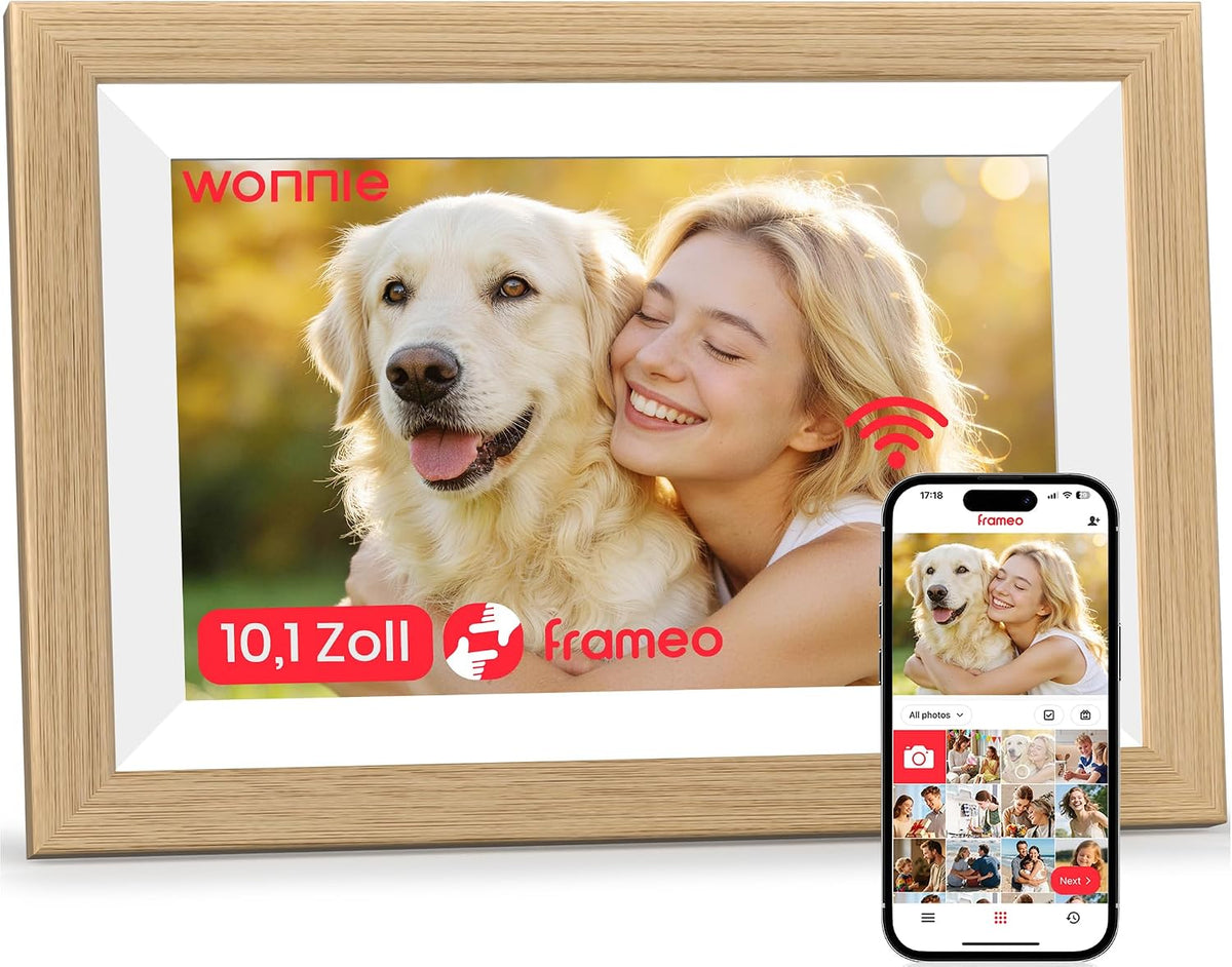 Frameo WLAN Digitaler Bilderrahmen 10,1 Zoll, HD 1280 * 800 IPS Touchscreen Elektronischer FotoRahmen mit 32GB Speicher, Auto Drehung, Einfache Weitergabe von Fotos Videos über Frameo App