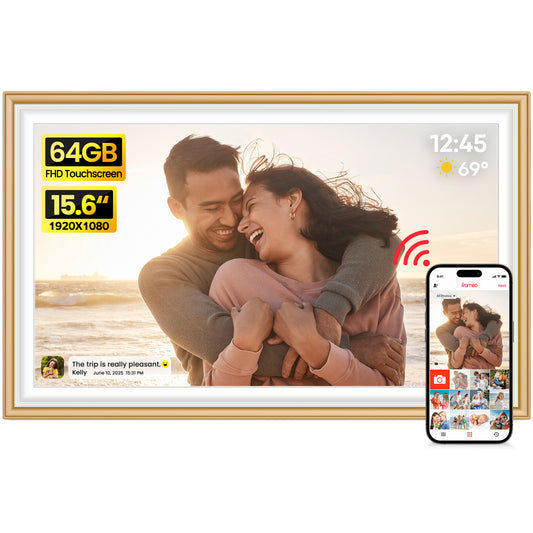 64GB Frameo 15.6" Digital Picture Frame Large 1920 x 1080 IPS FHD Touch Screen WiFi Electronic Photo Frames Share Moments Instantly Anywhere Best Gifts for Parents and Grandparents Golden White