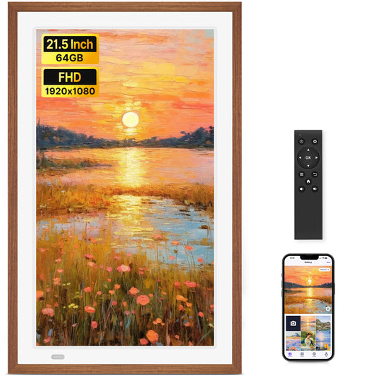 Uhale 21.5" Large Digital Picture Frame WiFi Wood with Remote Control, 1920 x 1080 FHD IPS No Touch Screen Electronic Photo Frames Wall Mount with 64GB, Support SD USB, Share Photos Videos Instantly