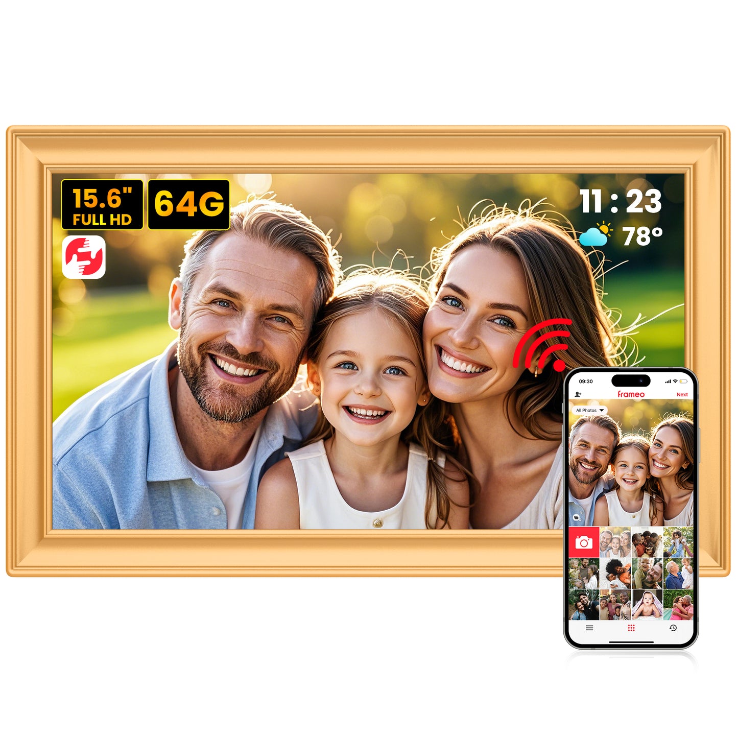 TEMASH Frameo 15.6 Inch WiFi Digital Picture Frame Gold Large Digital Photo Frame 64GB Storage 1920×1080 IPS FHD Touchscreen Auto Rotate Share Video Picture Instantly via App Gifts for Family