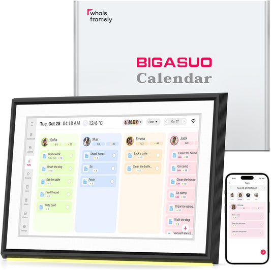BIGASUO 10.1" Digital Calendar, Full HD Touchscreen Smart Planner,with Task & Reward Meal Plan Great for Family Schedules & Chore Organization, LED Reminder Light,Photo Display