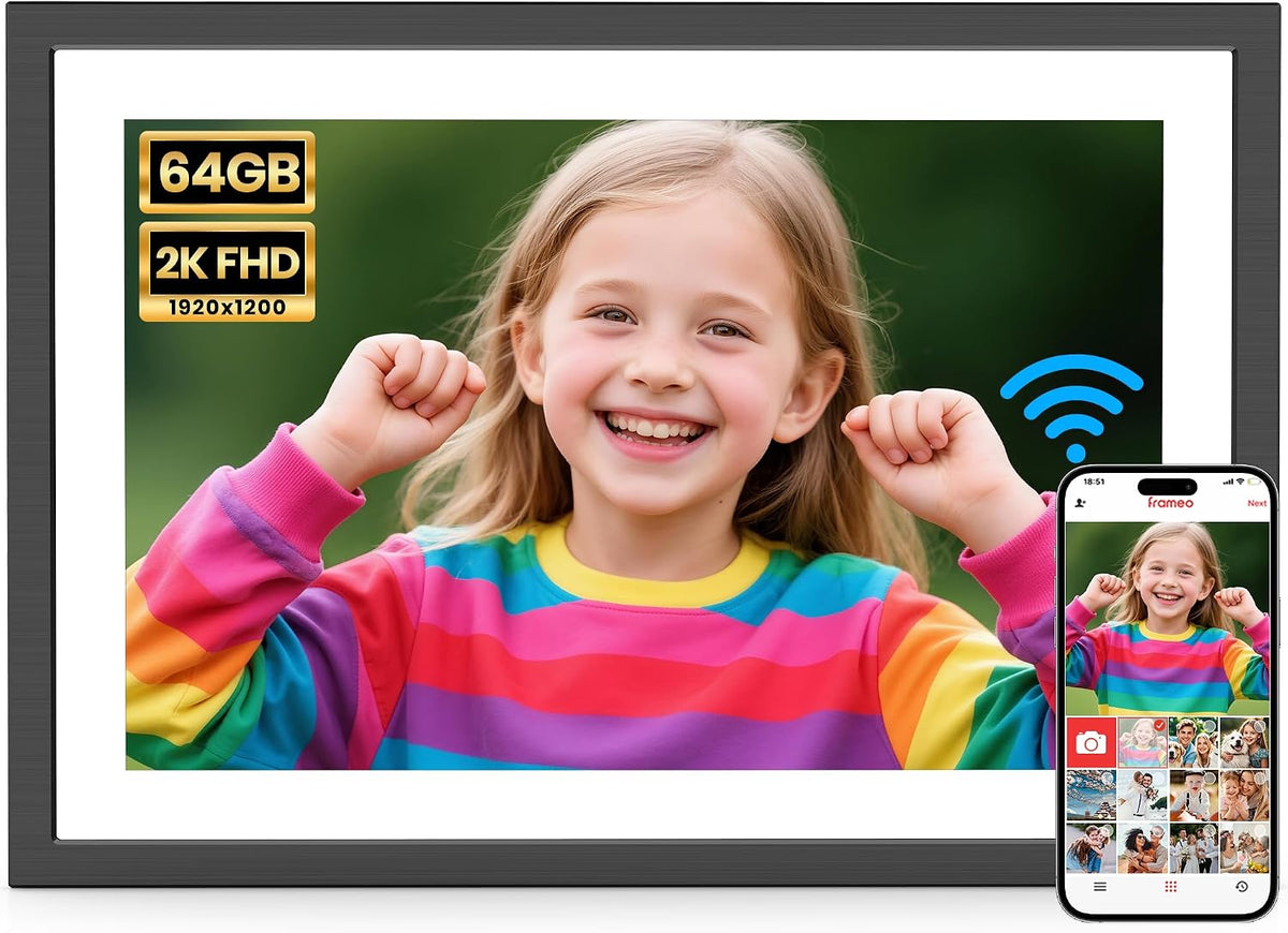 Frameo WLAN Digitaler Bilderrahmen 10,1 Zoll, 1920 * 1200P 2K Touchscreen 64GB Speicher Elektronischer FotoRahmen, Auto Drehung, Einfache Weitergabe von Fotos Videos über Frameo App