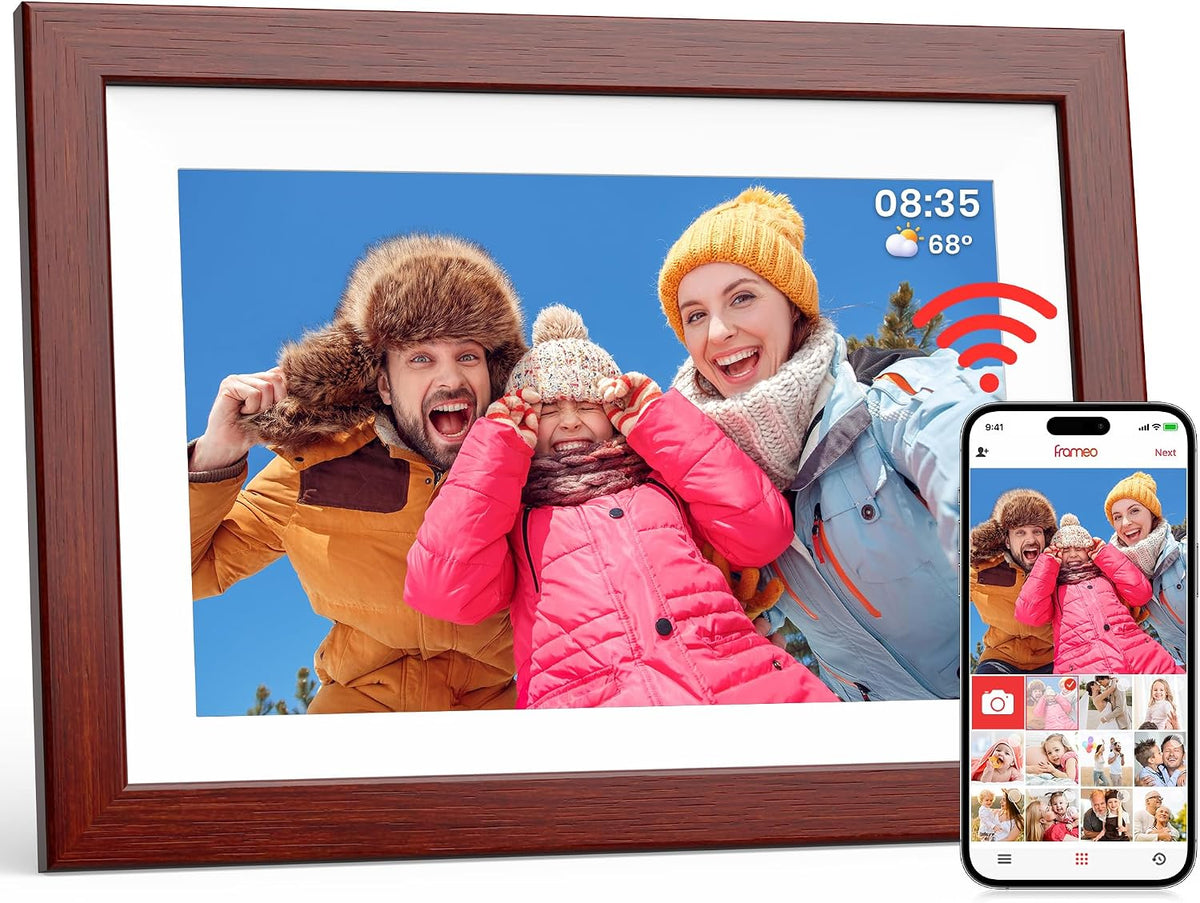 Frameo WLAN Digitaler Bilderrahmen 10,1 Zoll, HD 1280 * 800 IPS Touchscreen Elektronischer FotoRahmen mit 32GB Speicher, Auto Drehung, Einfache Weitergabe von Fotos Videos über Frameo App