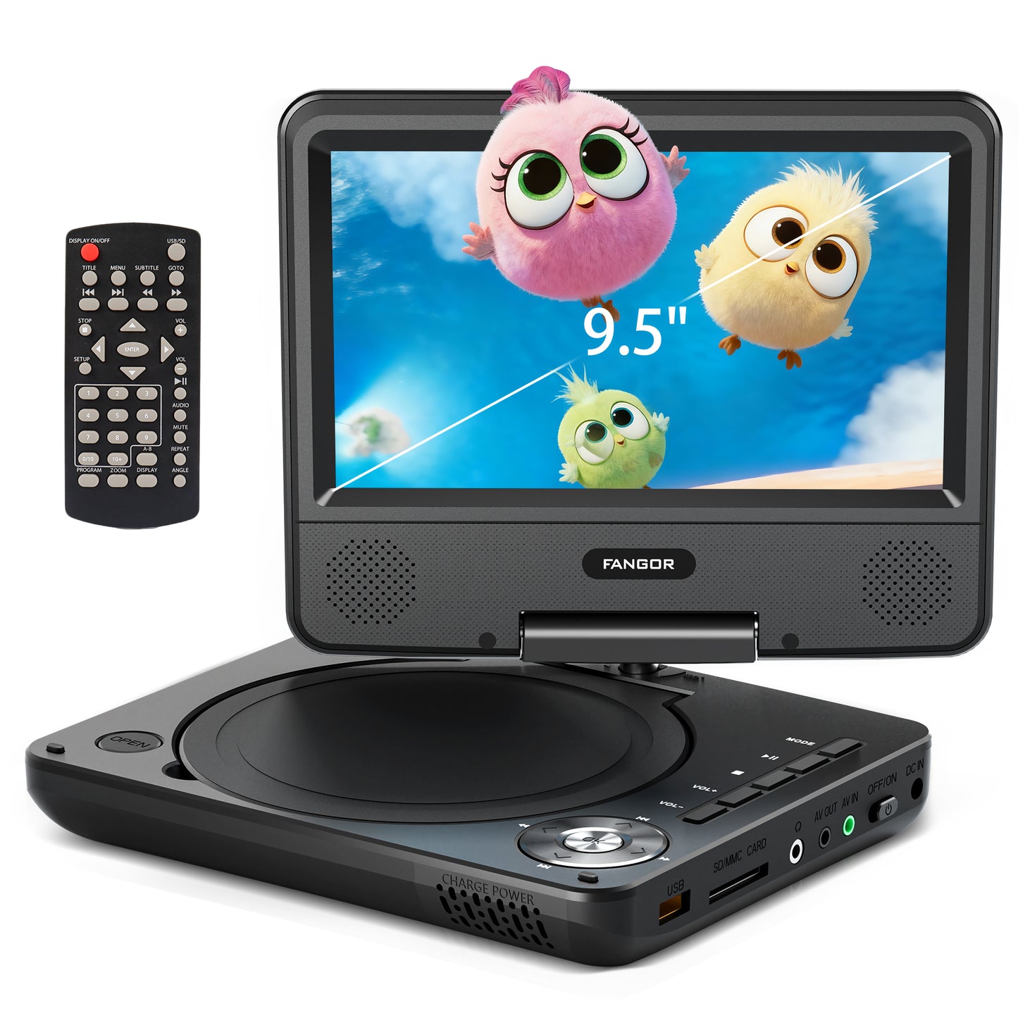 FANGOR 9.5" Portable DVD Player for Car with 7" Swivel Screen, 4 Hours Rechargeable Battery, Dual Speakers, Remote Control, Support CD/USB/SD Card/Sync TV, Perfect Gift for Kids