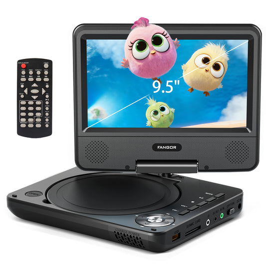 FANGOR 9.5" Portable DVD Player for Car with 7" Swivel Screen, 4 Hours Rechargeable Battery, Dual Speakers, Remote Control, Support CD/USB/SD Card/Sync TV, Perfect Gift for Kids